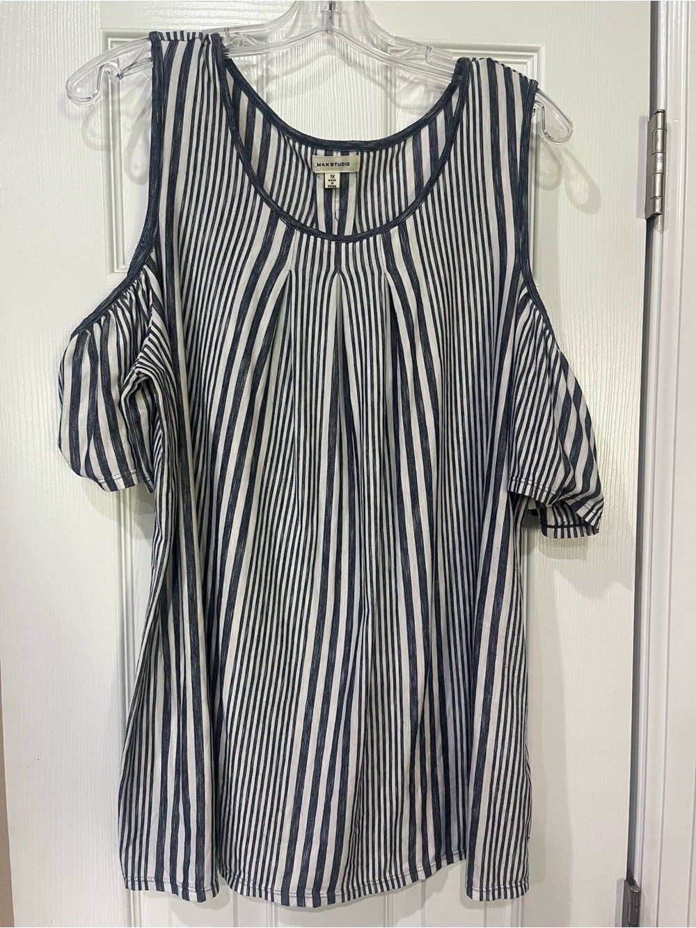 Max Studio Navy and White Striped Cold-Shoulder Tunic